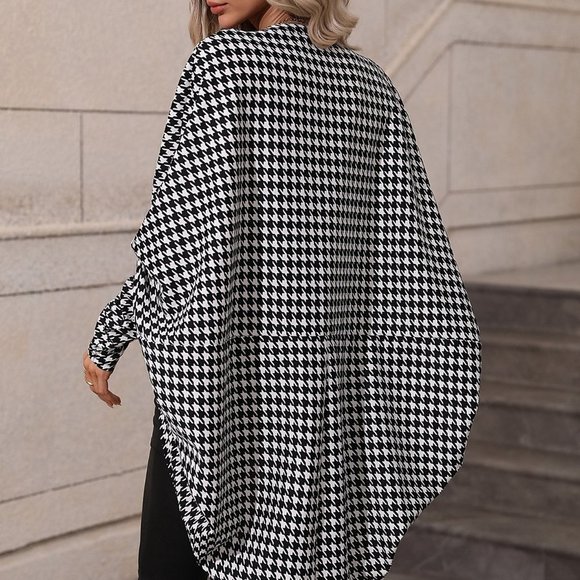 Multicolor Preppy Womens Houndstooth Batwing Sleeve Open Front Coat - Picture 2 of 5